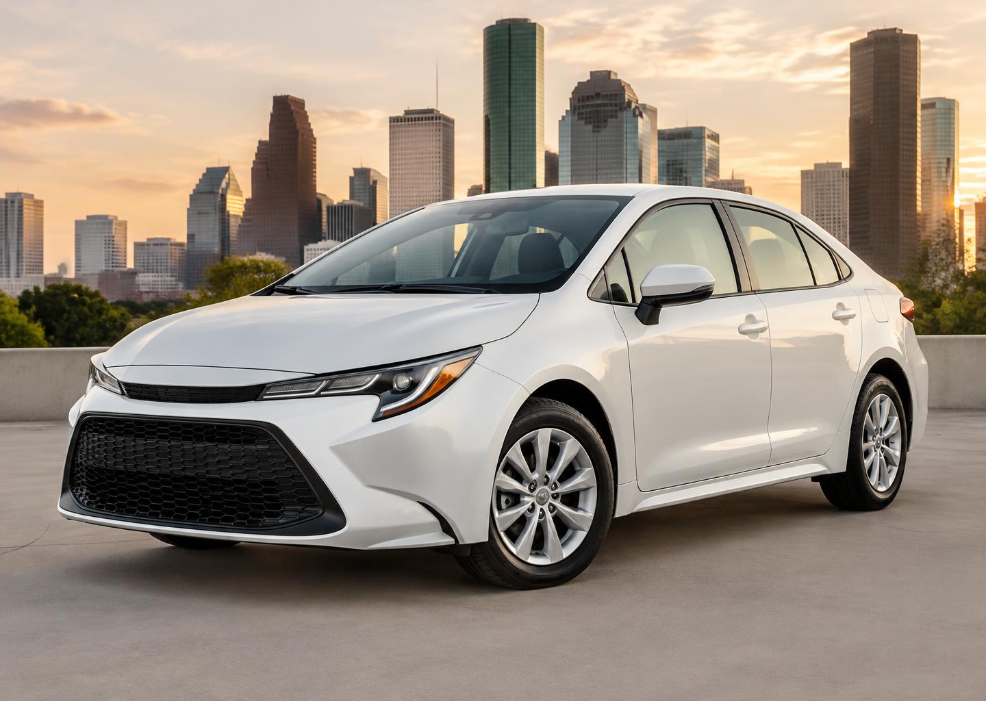 Pearl white 2020 Toyota Corolla in front of the Houston skyline
